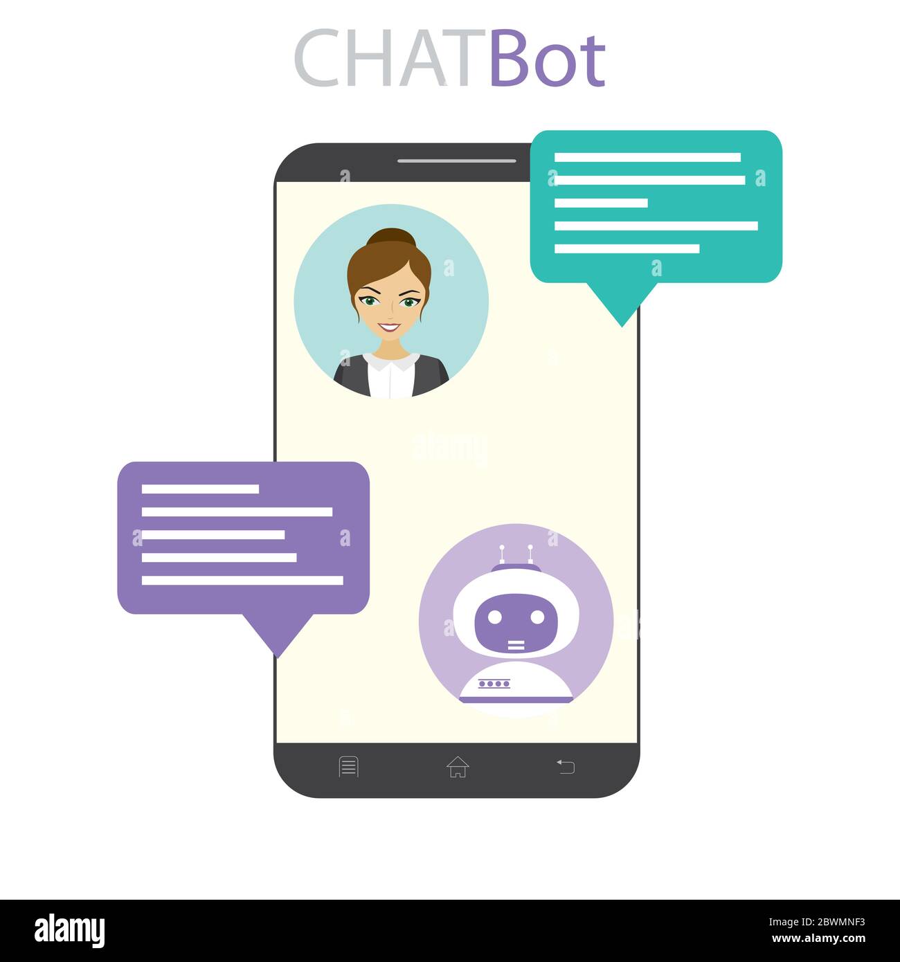 Chat zwischen Roboter bot und Mensch, weiblich und Chatbot auf Handy-Bildschirm, flache Vektor-Illustration Stock Vektor