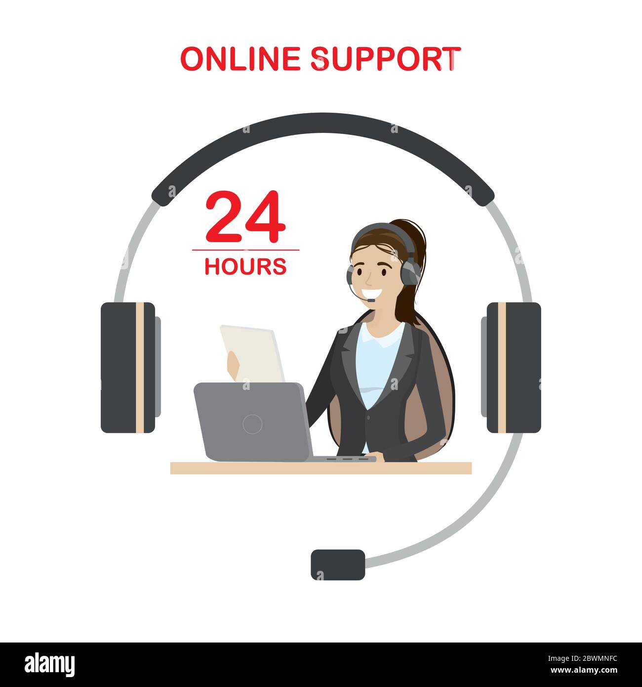 Online-Kundenservice, Support-Konzept, Schönheit kaukasischen Frau mit Laptop hinter einem Schreibtisch, Kopfhörer mit Mikrofon und 24 Stunden Text, isoliert auf whit Stock Vektor