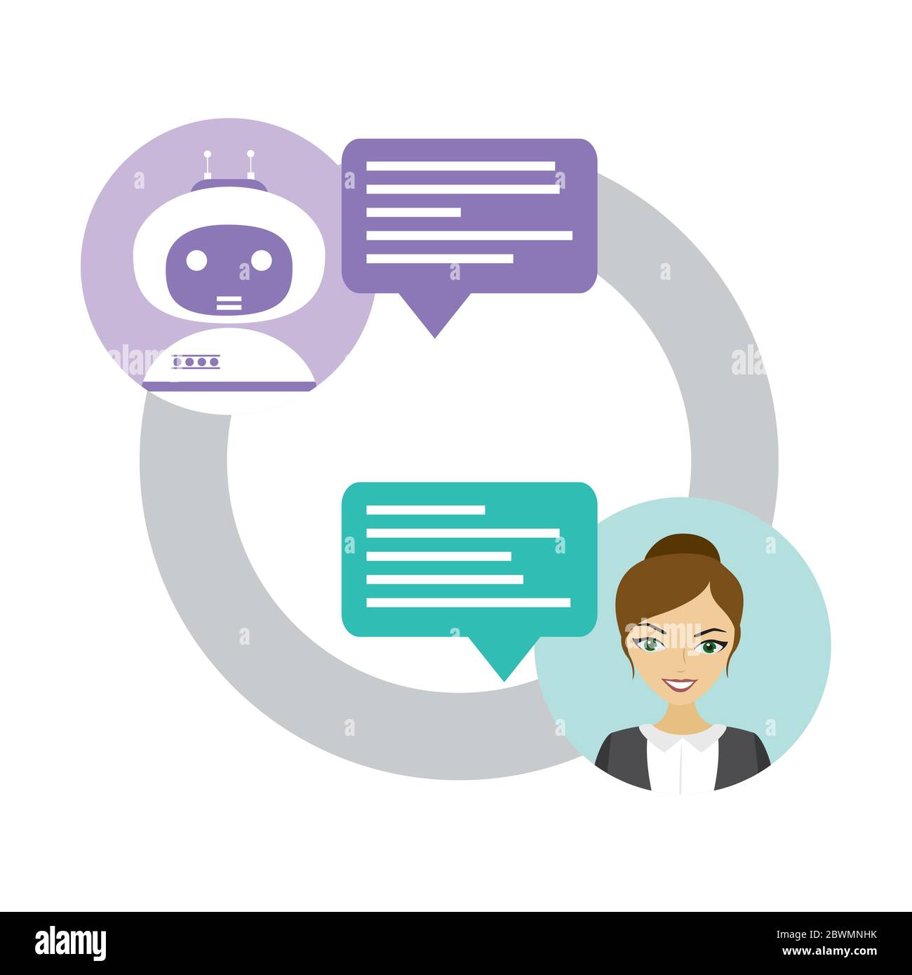 Chat zwischen Roboter bot und Mensch, weiblich und Chatbot, flache Vektor-Illustration Stock Vektor