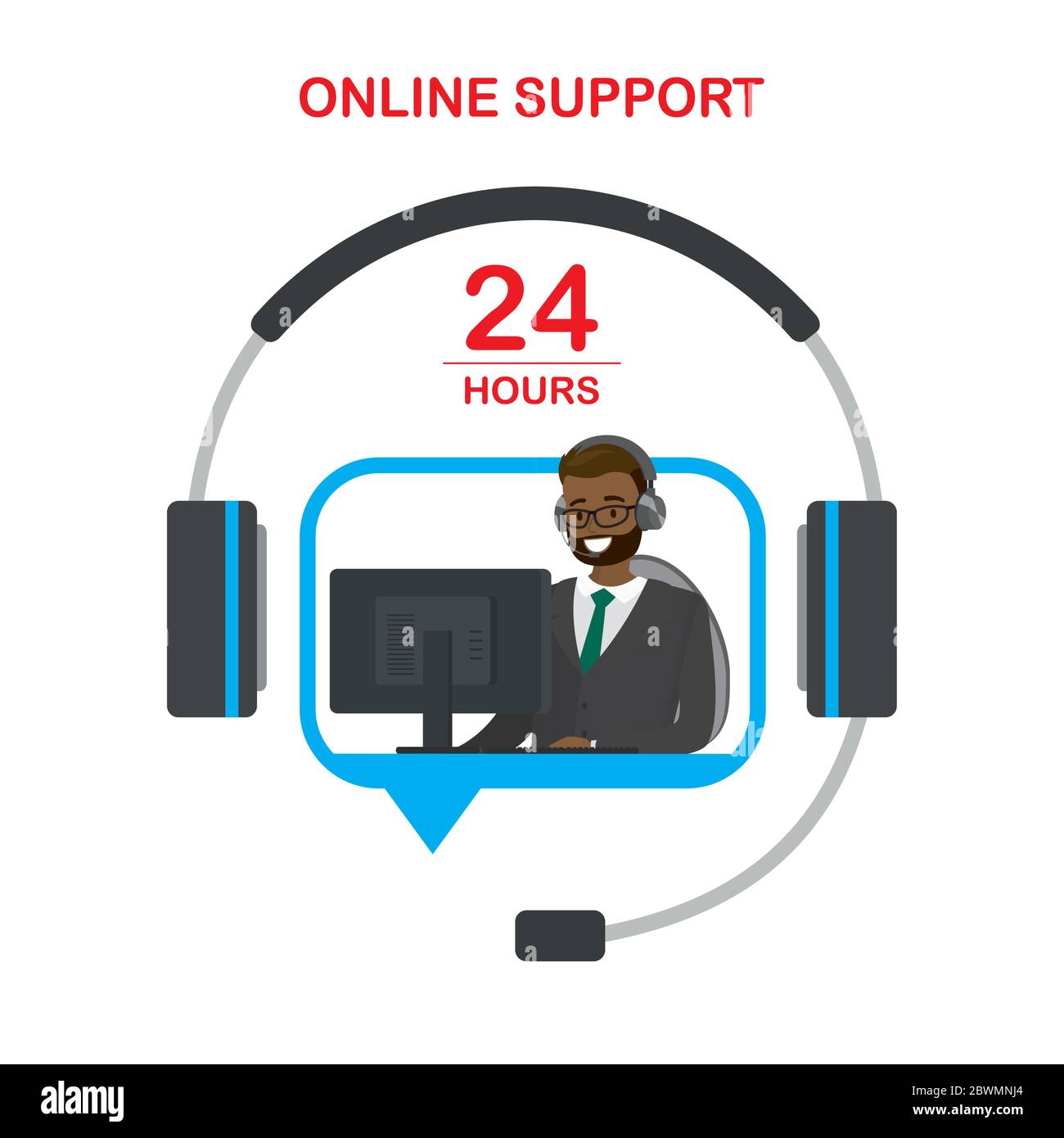 Online-Kundenservice, Support-Konzept, Kopfhörer mit Mikrofon und afroamerikanischen Mann hinter einem Schreibtisch in Sprechblase, 24 Stunden Text, isoliert auf w Stock Vektor
