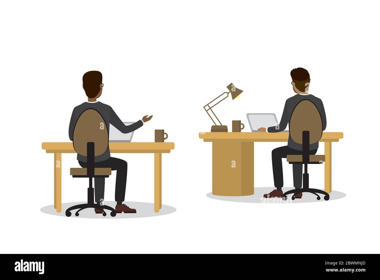 Geschäftsleute oder Büroangestellte sitzen in einem Arbeitsplatz Rückansicht, isoliert auf weißem Hintergrund, flache Vektor-Illustration Stock Vektor