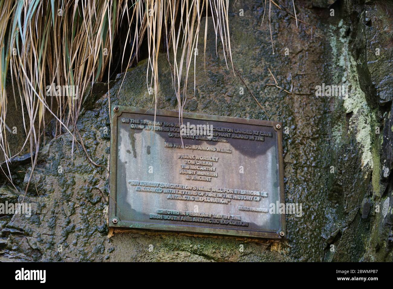 Metallplatte in Erinnerung an Ernest Shackleton und seine Männer. Kap Rosa, Südgeorgien Stockfoto