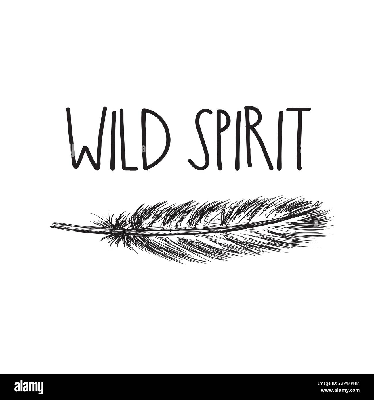 Feder mit Inschrift wilder Geist. Vintage-Hintergrund. Handgezeichnete Vektorgrafik Stock Vektor