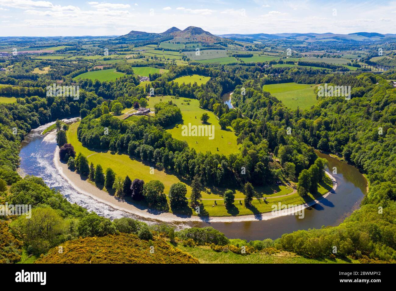 Scott's View, der Fluss Tweed und die Eildon Hills in der Nähe von Melrose, Scottish Borders, Großbritannien Stockfoto