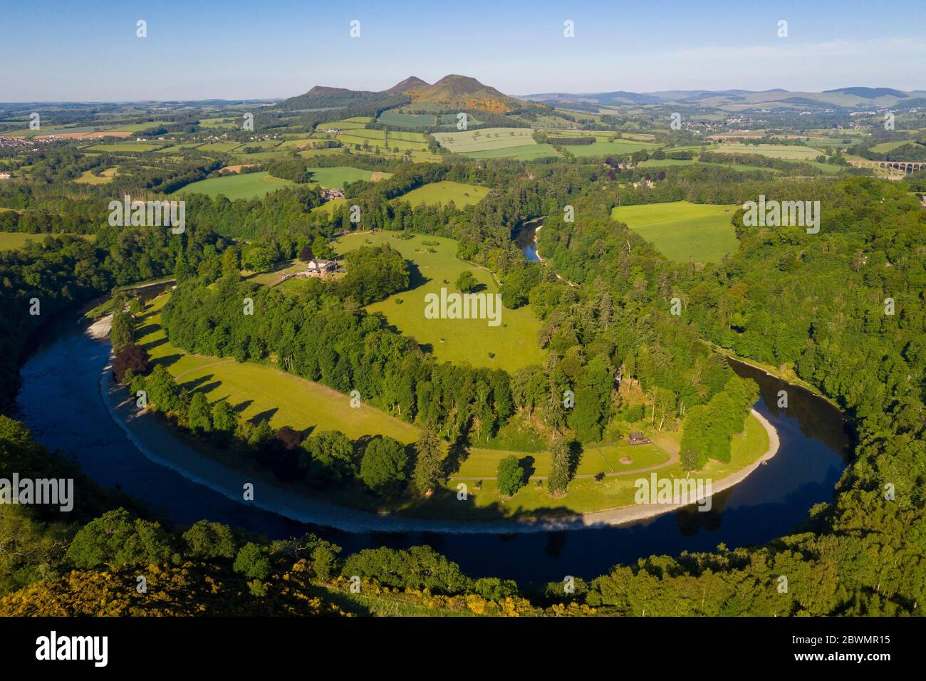 Scott's View, der Fluss Tweed und die Eildon Hills in der Nähe von Melrose, Scottish Borders, Großbritannien Stockfoto