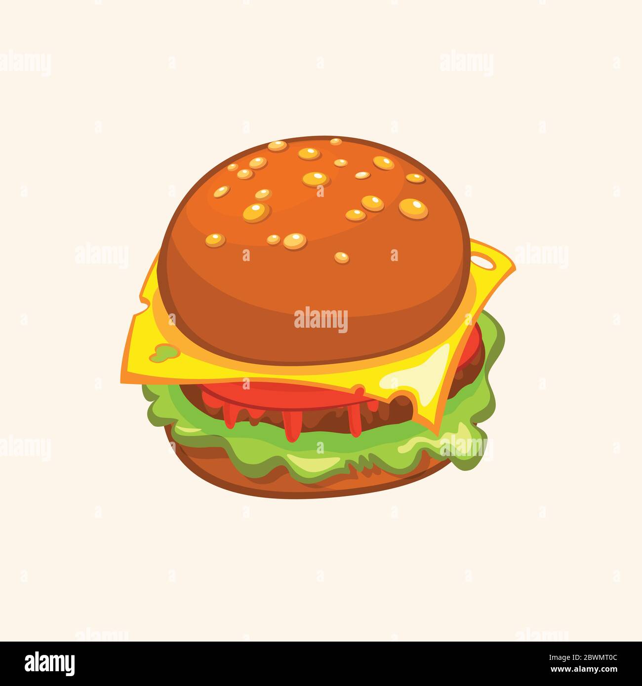 Cartoon Cheeseburger. Vektor-Zeichnung von Hamburger mit Käse, Tomaten, hacken, Salat, Zwiebeln, Gurke in flacher Cartoon-Stil. Abbildung für Design Stock Vektor