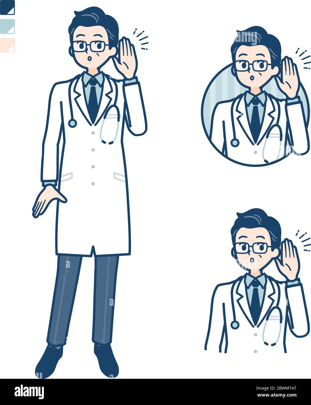 Alter Doktor in EINEM weißen Mantel mit Hörbildern. Es ist Vektorgrafik, so dass es einfach zu bearbeiten ist. Stock Vektor