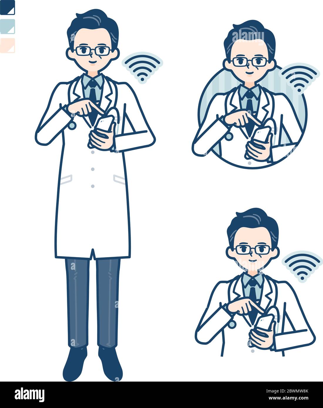 Old Doctor in EINEM weißen Mantel mit Smartphone-Bilder bedienen. Es ist Vektorgrafik, so dass es einfach zu bearbeiten ist. Stock Vektor