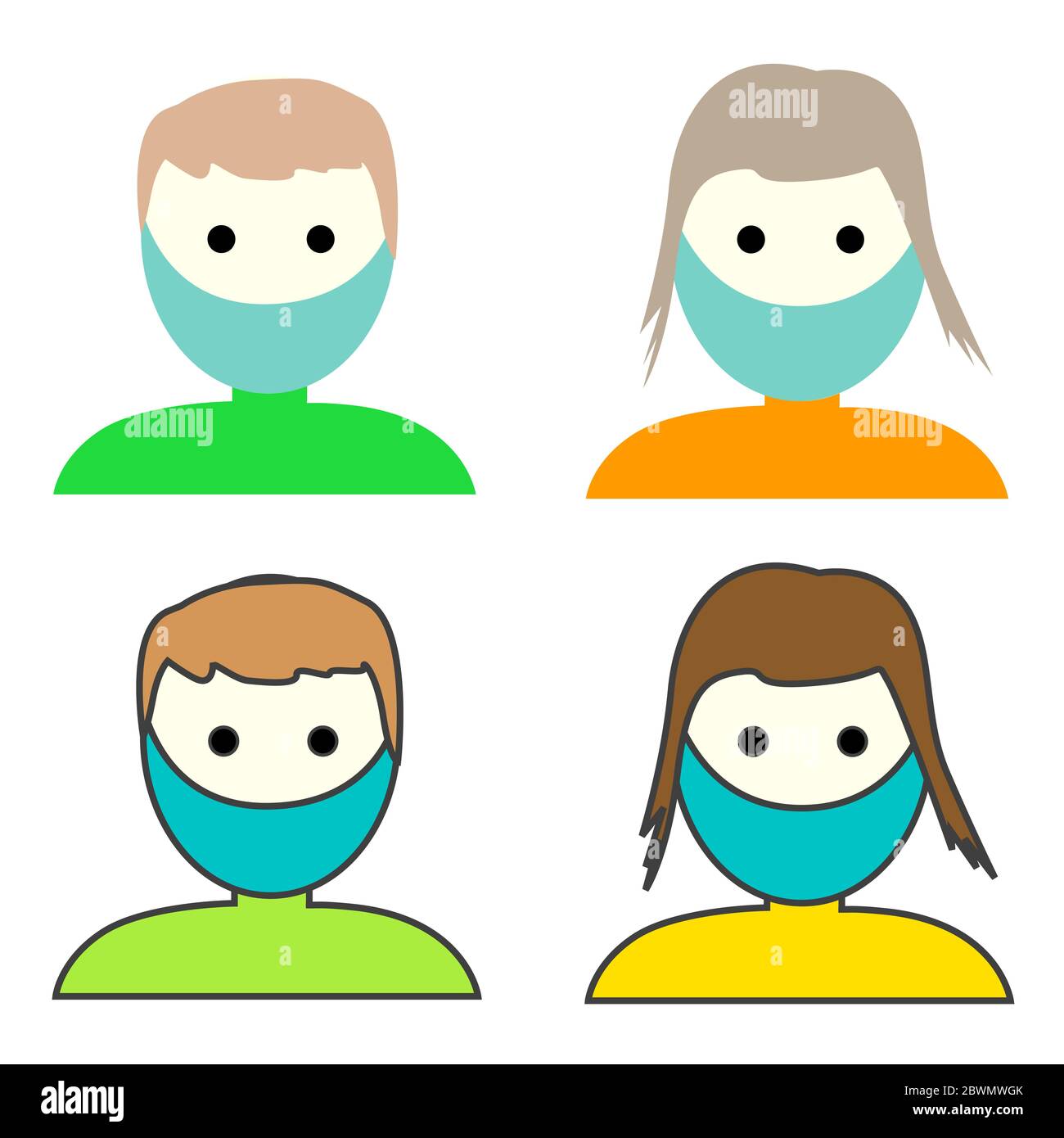 Mann und Frau medizinische Gesichtsschutz Maske. Symbol für depressive und müde Menschen, die eine schützende chirurgische Maske tragen. Medizinische Konzepte von Krankheit, Krankheit Stockfoto