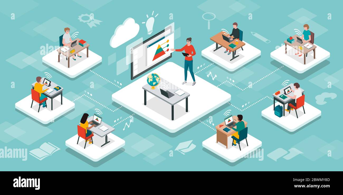 Schüler im virtuellen Klassenzimmer und Lehrer mit einem intelligenten interaktiven Whiteboard, E-Learning und Online-Bildungskonzept Stock Vektor