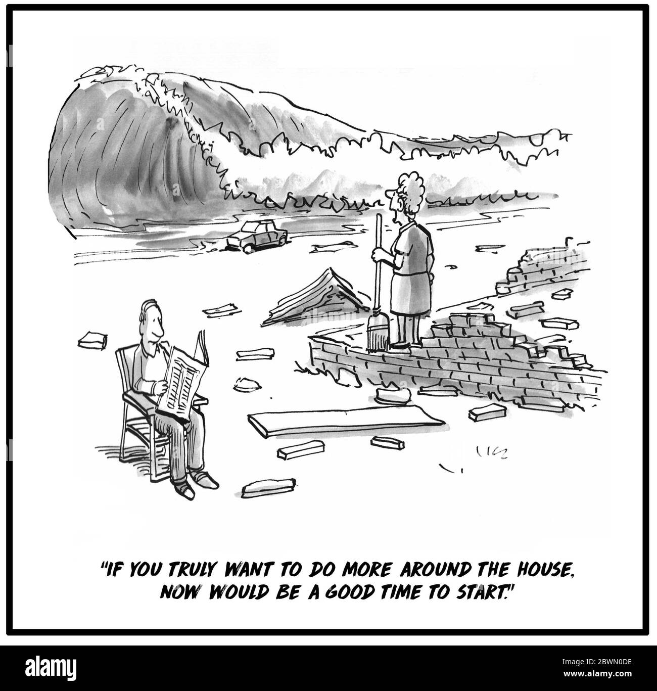 Cartoon zeigt ein verwüstetes Haus mit einer Frau, die aufräumte, ein Mann, der das Papier liest und ein Tsunami nähert, wenn Sie wirklich mehr um Th tun wollen Stockfoto