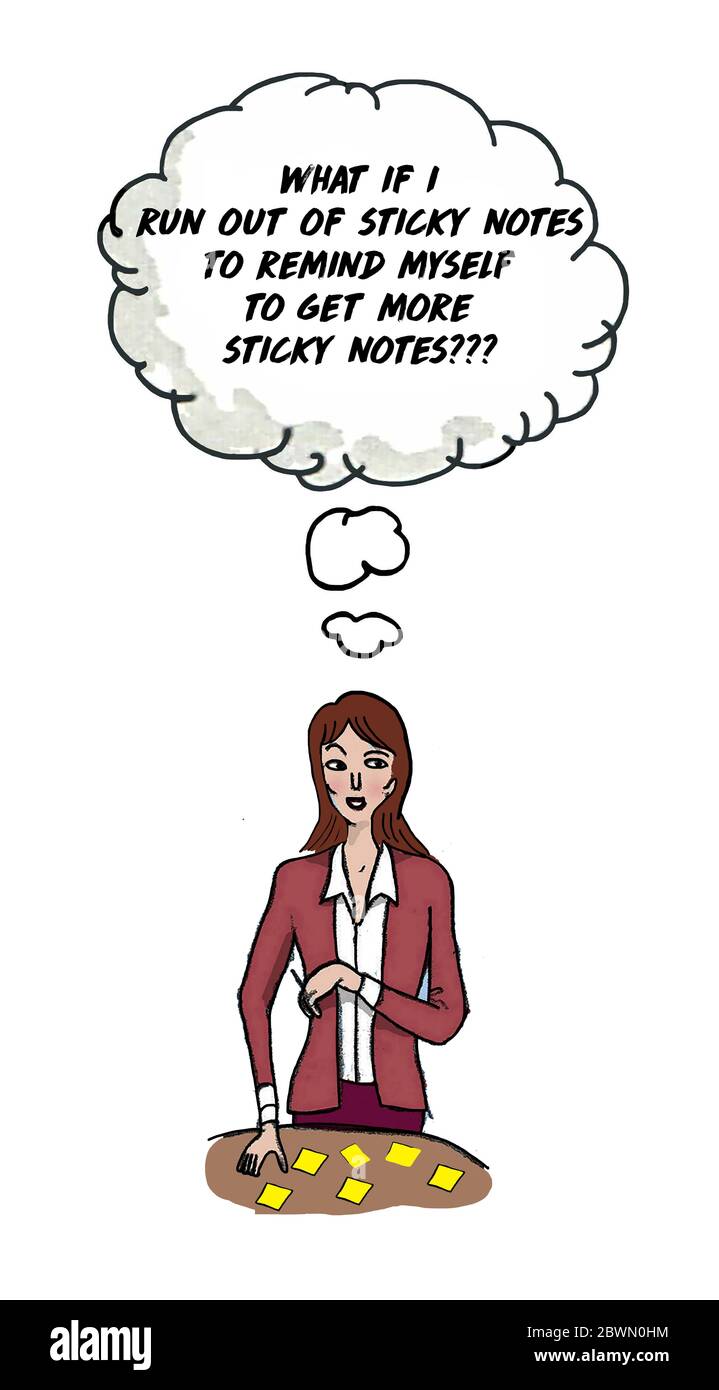 Farbe Cartoon einer Geschäftsfrau denken über das Laufen von Haftnotizen, um sich daran zu erinnern, mehr Haftnotizen zu kaufen. Stockfoto