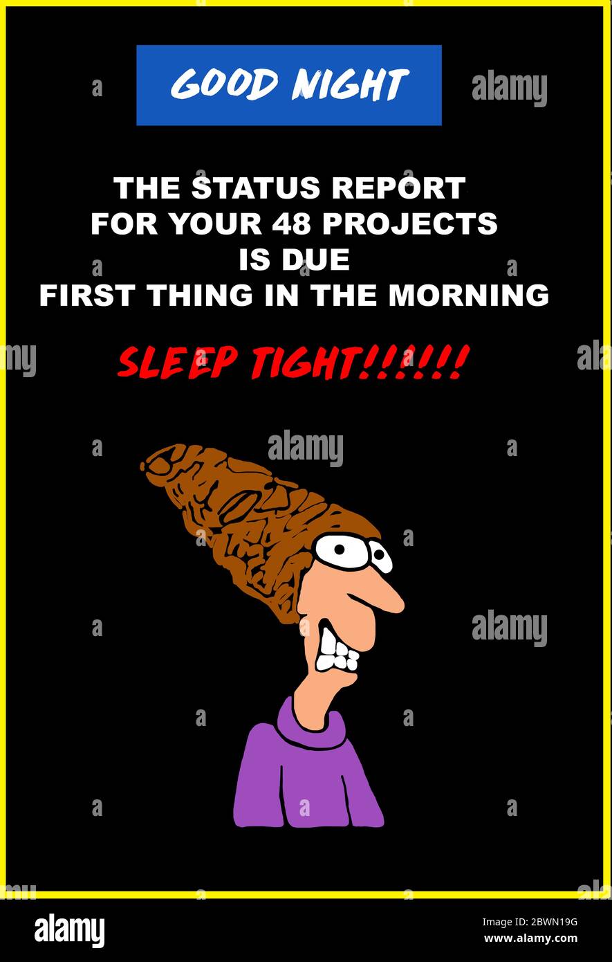 Farbzeichentrick einer hektischen Frau, die zu Bett geht, dass der Statusbericht über ihre 48 Projekte am Morgen ansteht, wird es schwierig sein, zu schlafen. Stockfoto