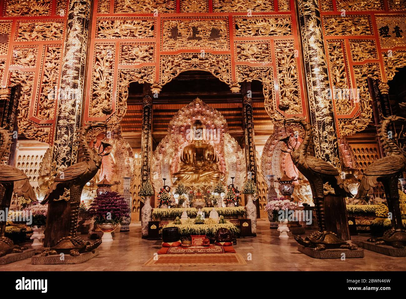 Buddhistisches Mädchen, das vor einem goldenen buddha betet BÃ¡i ÄÃ­nh Tempel Stockfoto