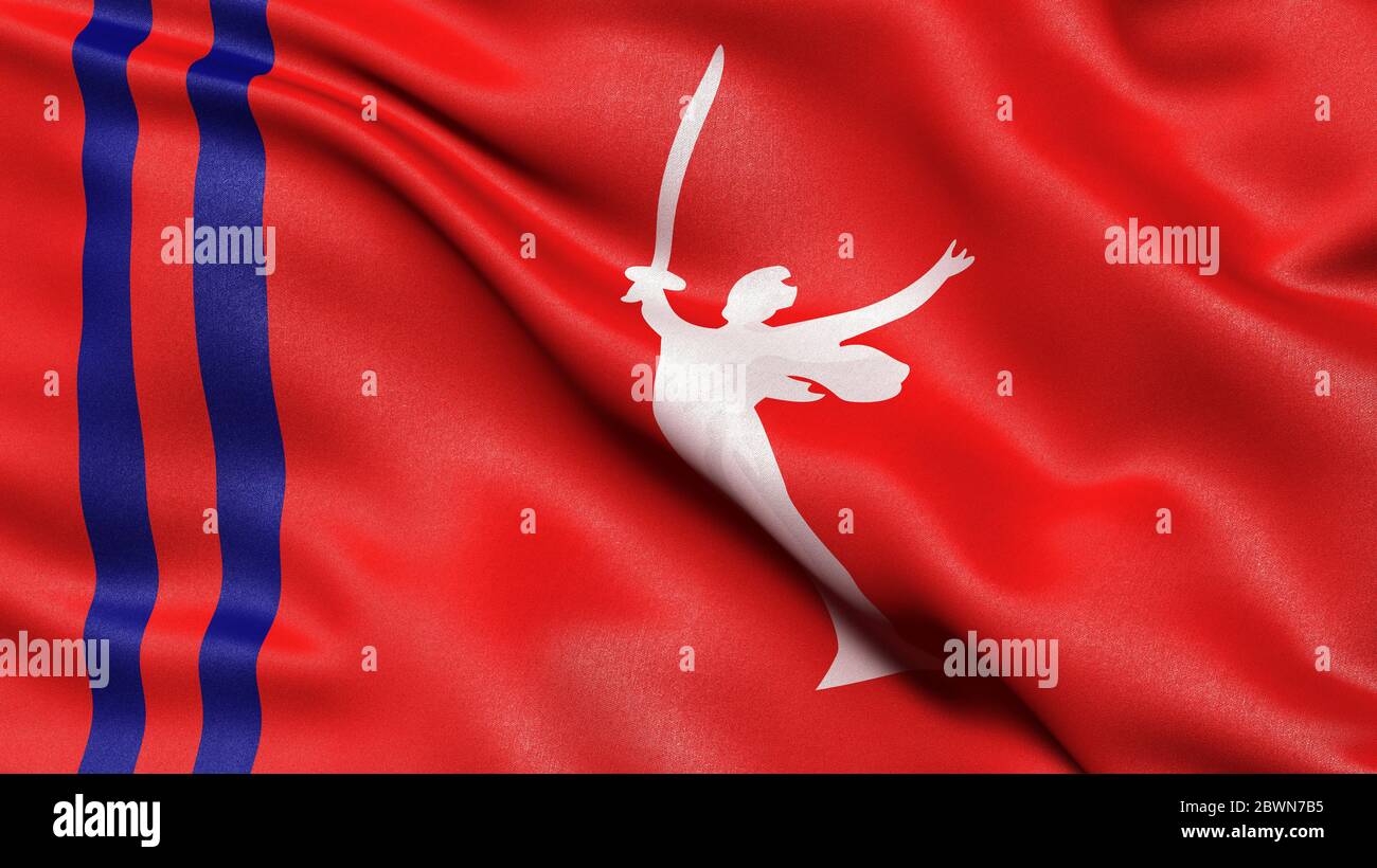 Flagge des Wolgograder Gebiets winkt im Wind. 3D-Darstellung. Stockfoto
