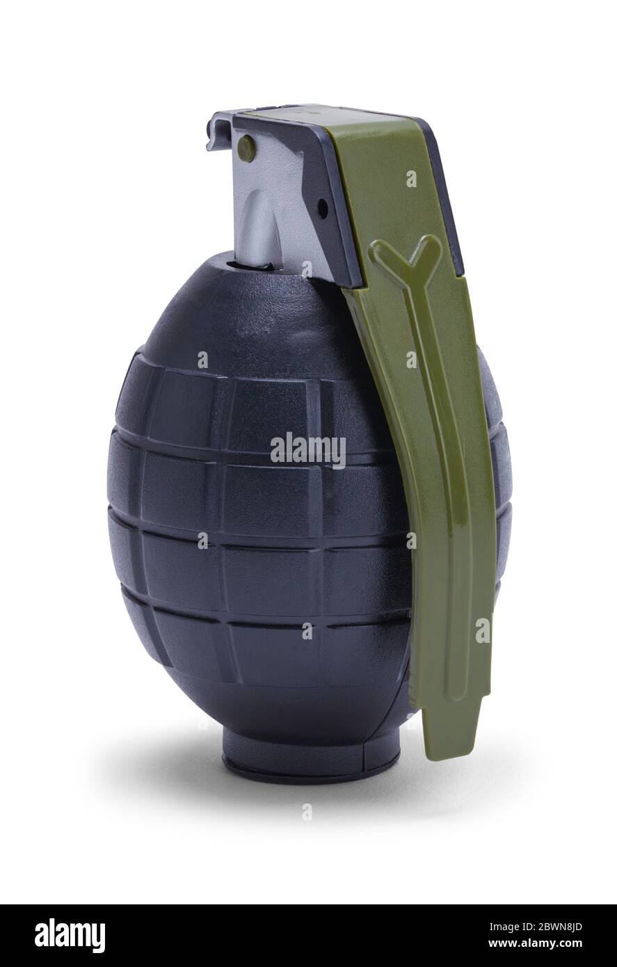 Spielzeug-Plastikgranate isoliert auf weißem Hintergrund. Stockfoto