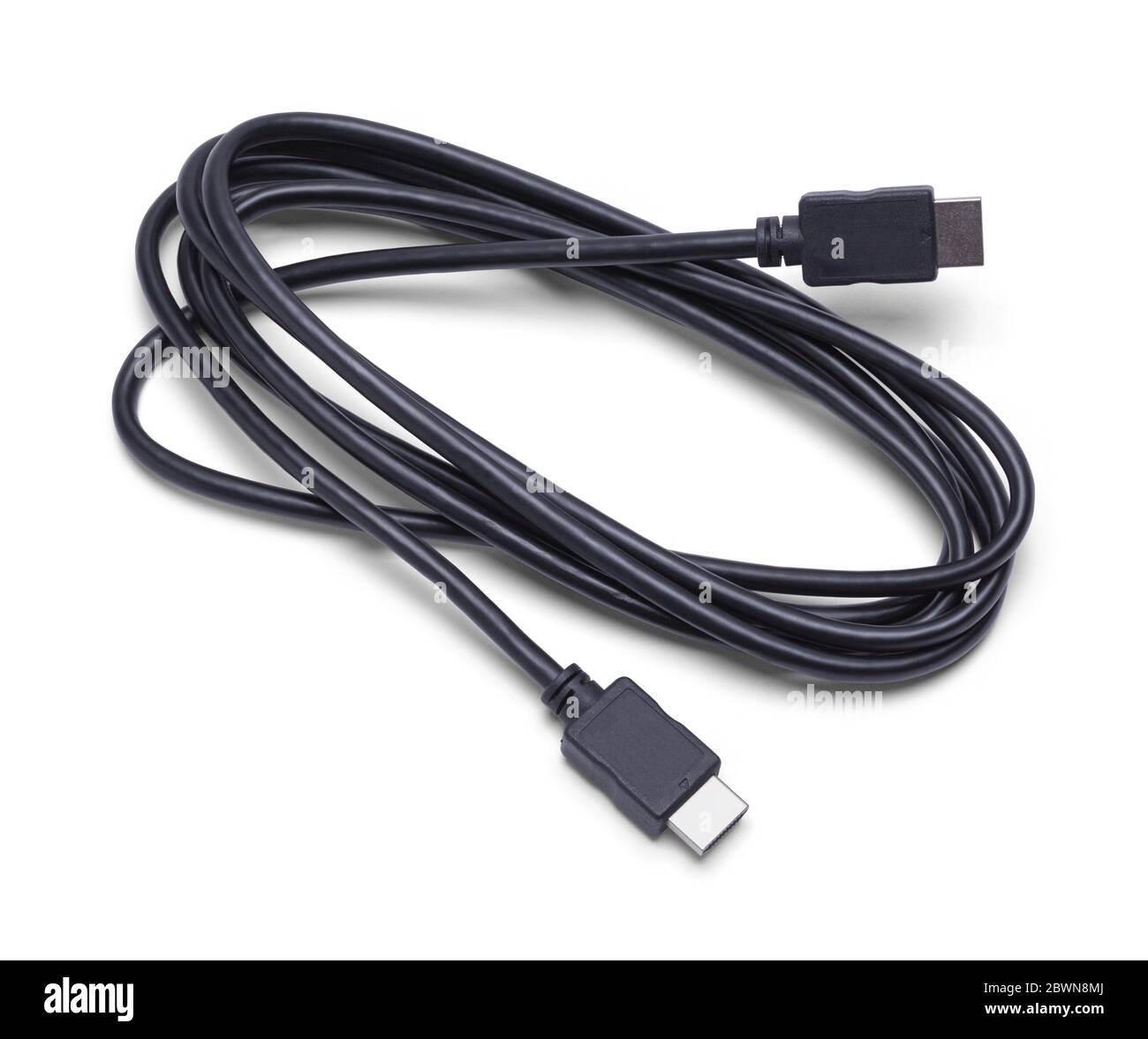 Neues schwarzes HDMI-Kabel isoliert auf weißem Hintergrund. Stockfoto