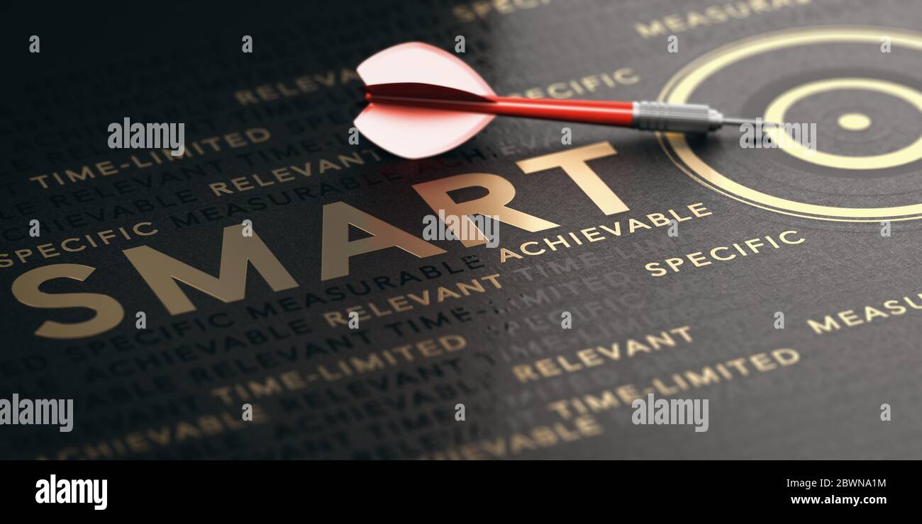 3D-Darstellung eines roten Pfeils, goldenes Ziel und Worte auf schwarzem Hintergrund. Konzept der Smart-Ziele oder -Ziele. Stockfoto