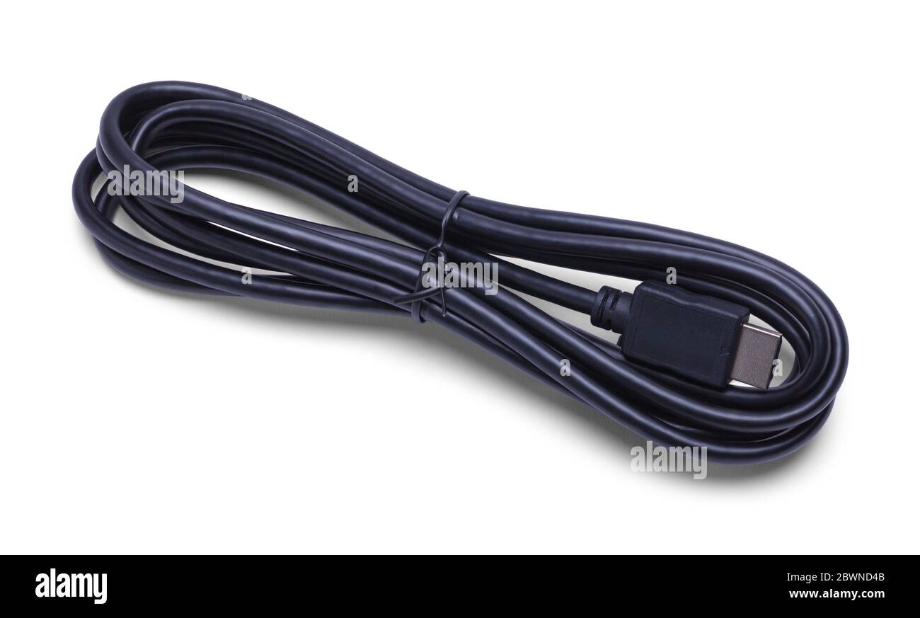 Schwarzes HDMI-Kabel isoliert auf weißem Hintergrund. Stockfoto