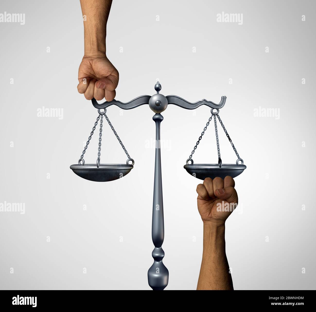 Gleiche soziale Gerechtigkeit und Gleichstellungsrecht in der Gesellschaft als verschiedene Menschen, die das Gleichgewicht in einem rechtlichen Maßstab als Bevölkerungsgesetz halten. Stockfoto