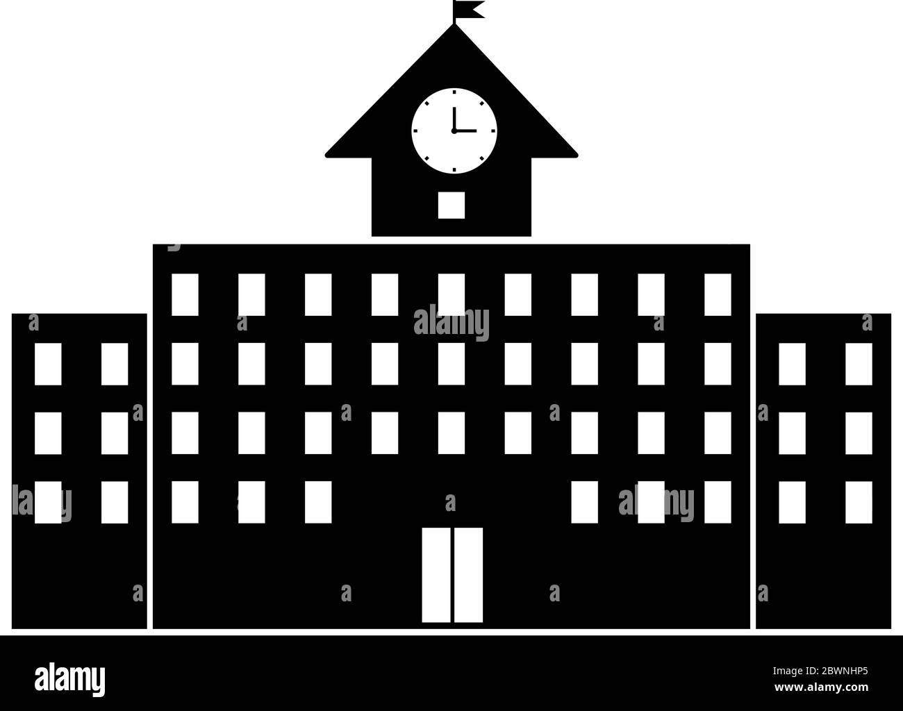 Symbol für Schulgebäude. Einfache flache Vektor Illustration Zeichen. Schwarzes Symbol auf weißem Hintergrund Stock Vektor