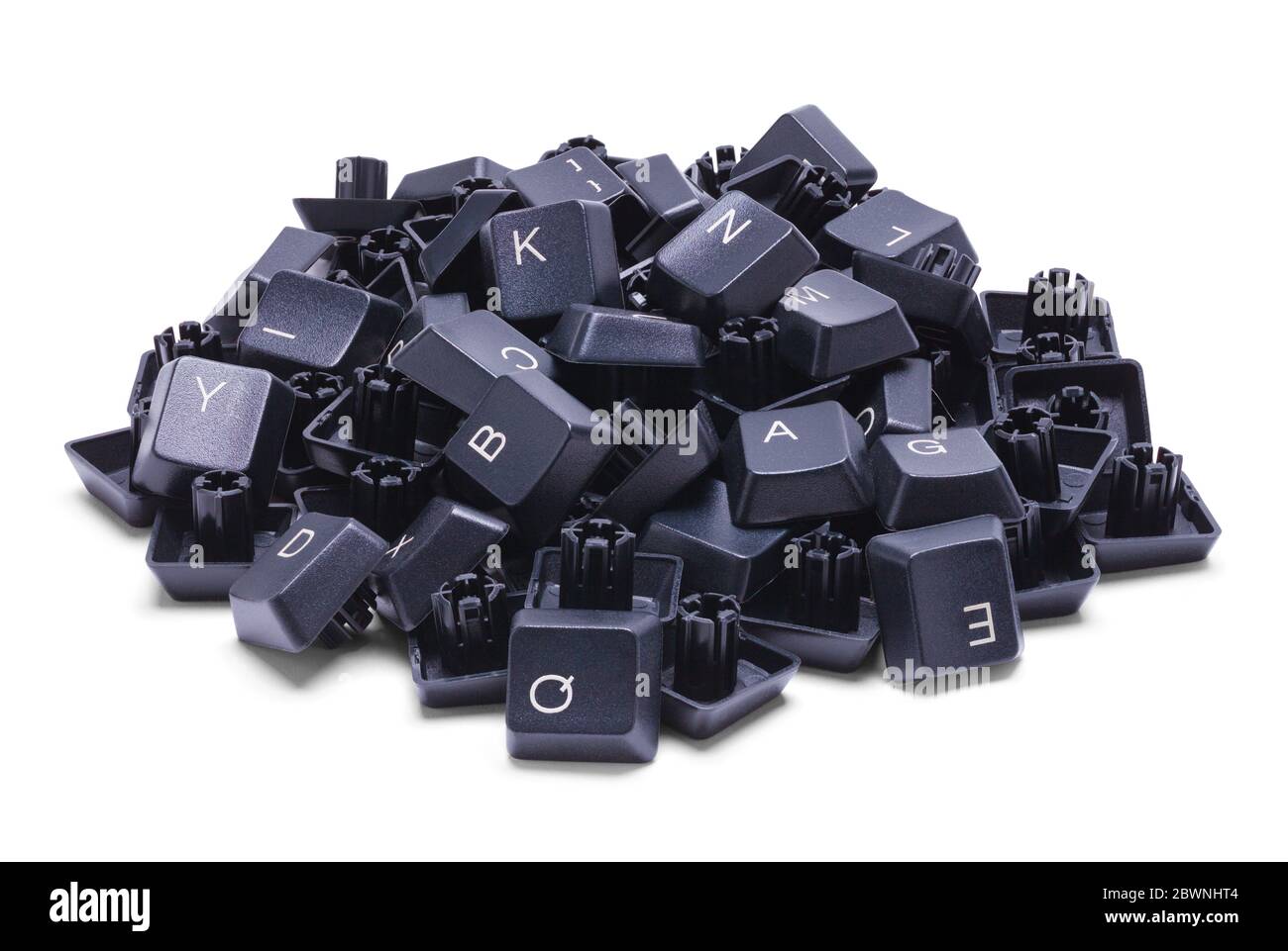 Stapel schwarzer Computer-Tastaturtasten isoliert auf Weiß. Stockfoto