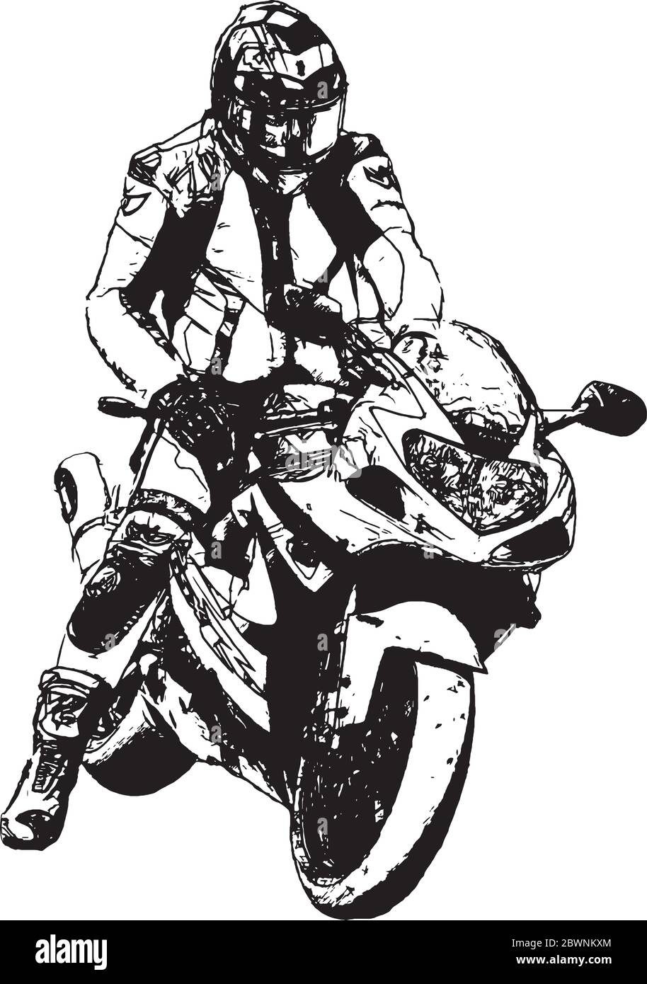 Motorradfahrer fährt auf Straße, Seitenansicht, Nahaufnahme. Stock Vektor