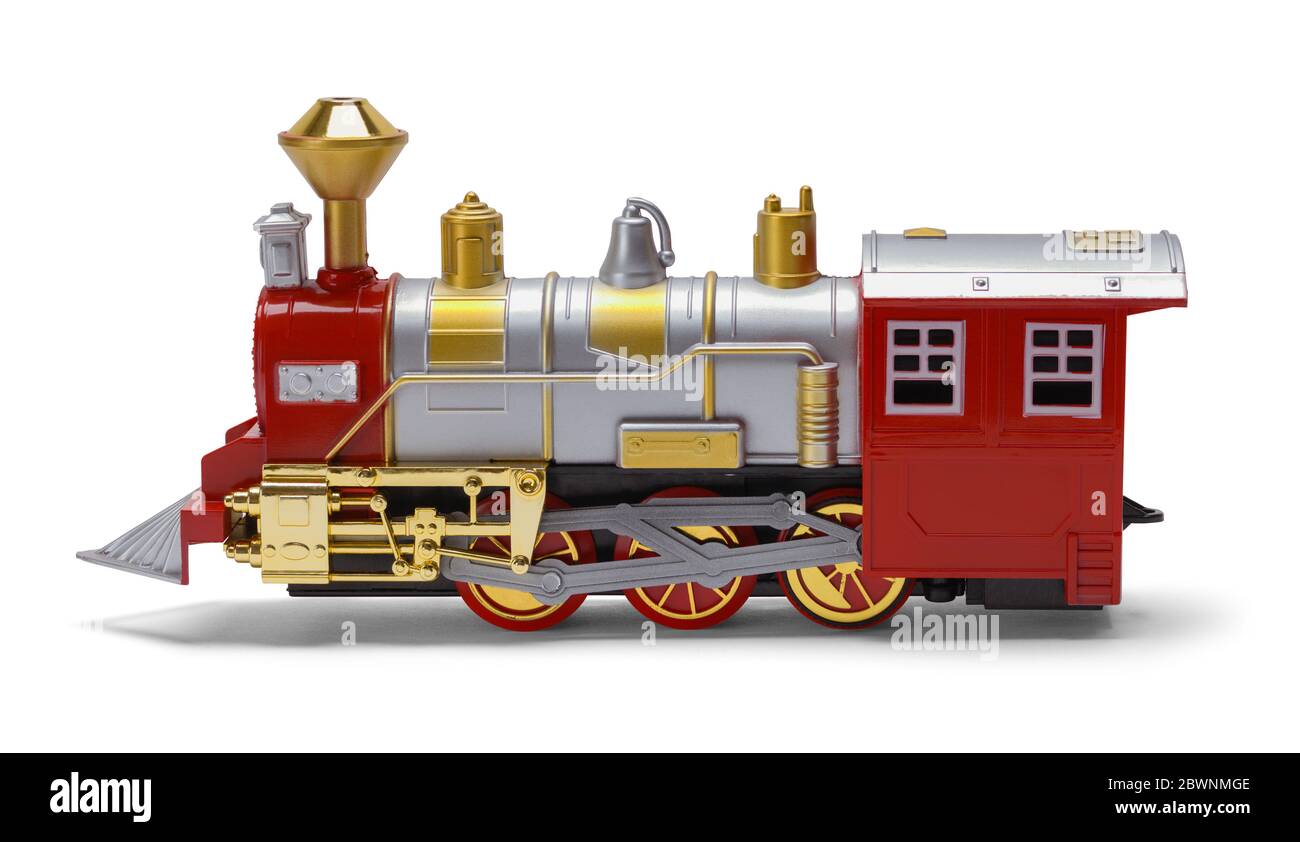Spielzeug Dampfzug Lokomotive isoliert auf Weiß. Stockfoto