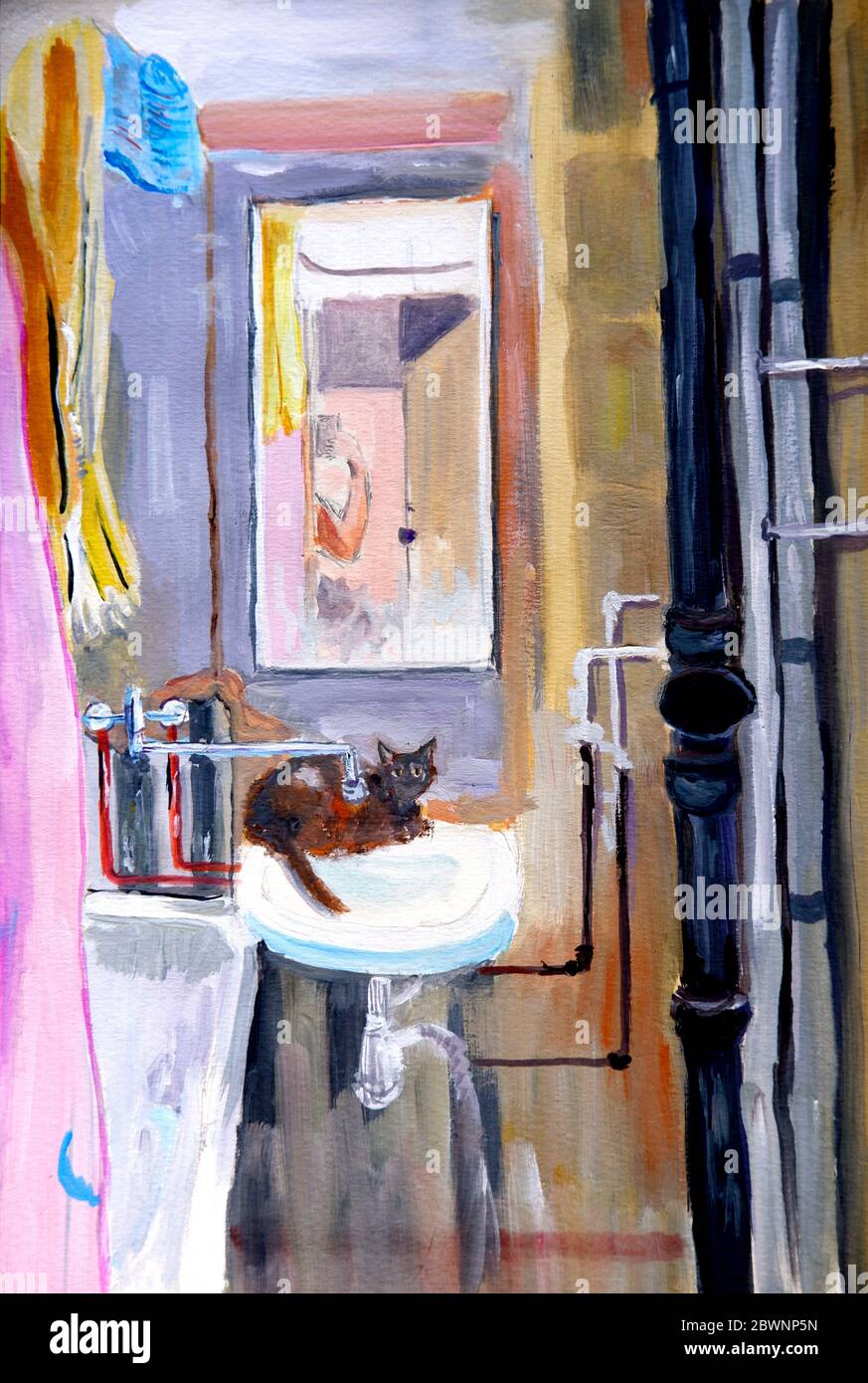 Interieur eines Badezimmers mit Reparaturen und eine Katze auf dem Waschbecken sitzen, Gouache Malerei Stockfoto