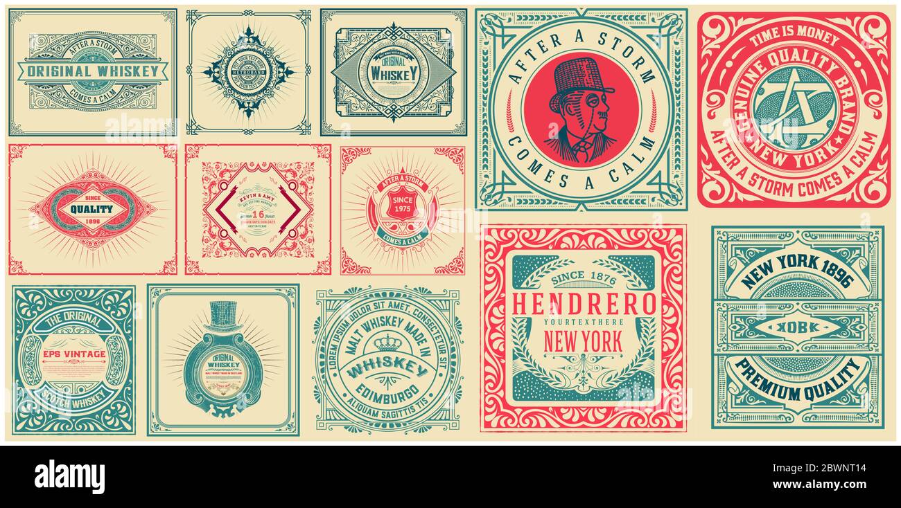 Set mit 13 Vintage-Etiketten. Vektor mit Ebenen Stock Vektor