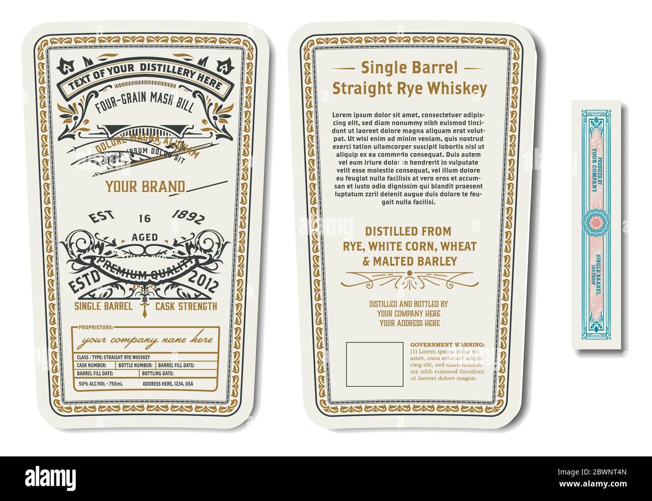 Vector Liquor-Etiketten. Die Markendarstellung und die Designelemente für die Identität von Unternehmen zu destillieren. Stock Vektor