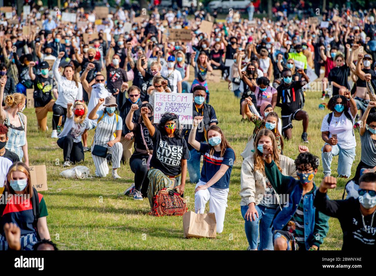 Mehrere Demonstranten in Malieveld in Den Haag, Während der Proteste gegen die "Black Lives Matter" ein Knie mit hoch erhobenen Fäusten ergreifen.Tausende Menschen versammelten sich auf dem Malieveld in Den Haag, um gegen die Gewalt gegen schwarze Menschen in den USA und den Tod des 46-jährigen George Floyd in Polizeigewahrsam zu protestieren. Ein Video eines Zuschauers, das am 25. Mai online gepostet wurde, zeigte George Floyd, 46, und flehte bei Polizeibeamten für Atmen, während ein Offizier sich auf seinen Hals kniete, in Minnesota, USA und später seinem Tod erlag, während er in Polizeigewahrsam war. Stockfoto