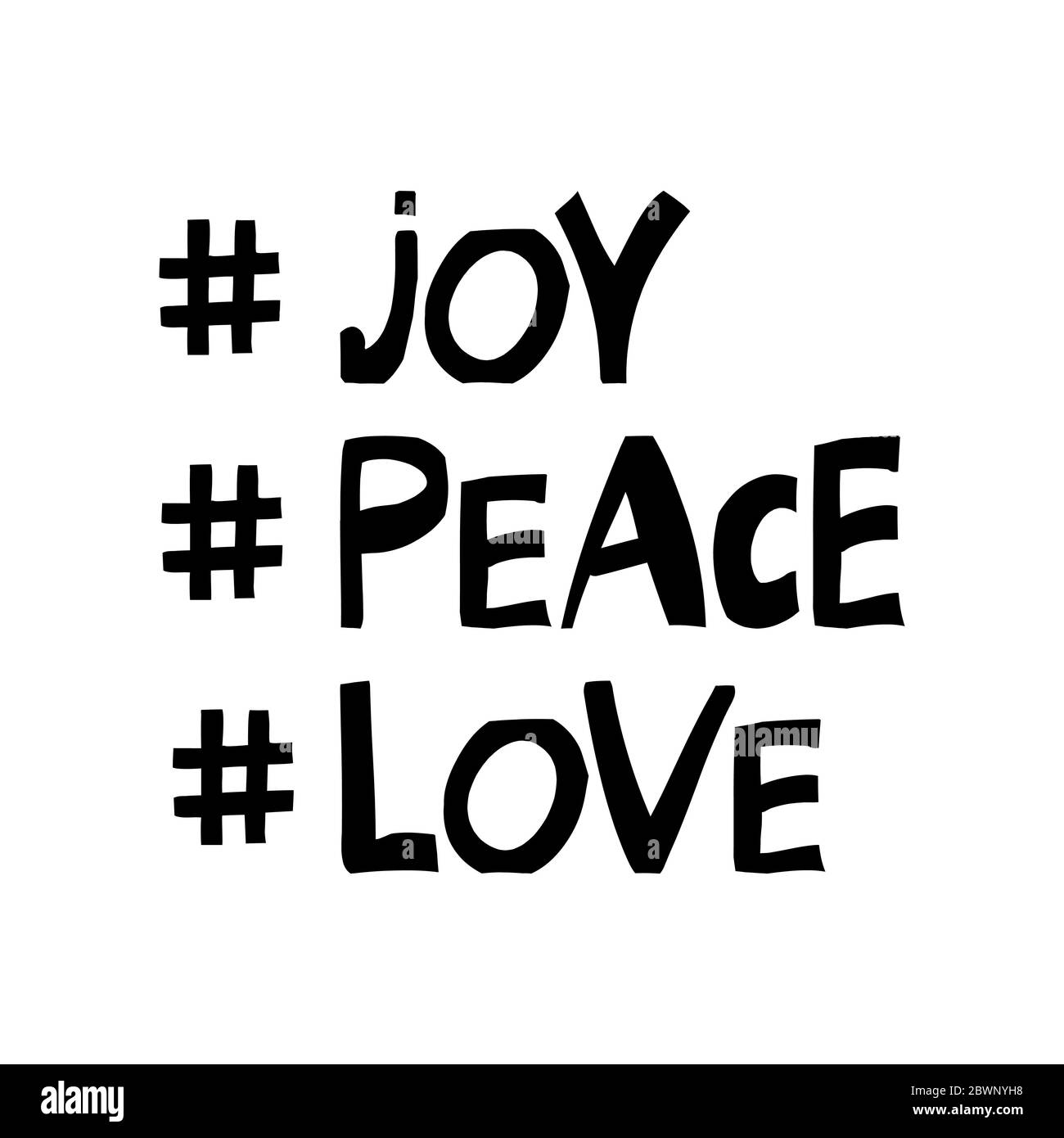 Freude, Frieden, Liebe. Motivationsangebot. Niedlicher handgezeichneter Schriftzug im modernen skandinavischen Stil. Isoliert auf weißem Hintergrund. Vektorgrafik. Stock Vektor