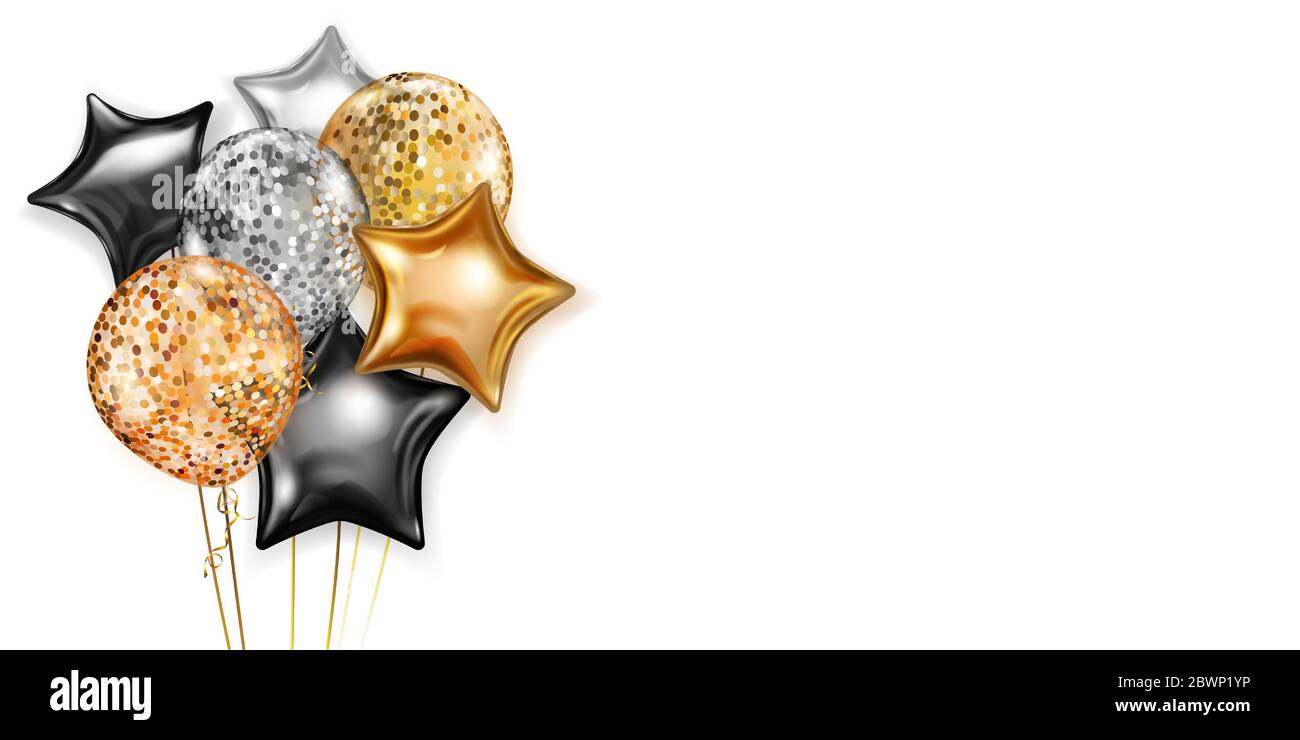 Illustration mit einem Bündel von glänzenden Ballons in goldenen, schwarzen und silbernen Farben, rund und in Form von Sternen, mit Bändern und Schatten, auf weißem Rücken Stock Vektor
