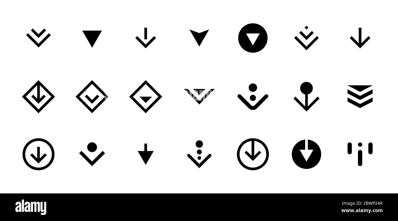 Wischen Sie von oben nach unten oder Download-Symbol Scroll Piktogramm Set isoliert für App Web ui ux Design. Vektor schwarzen Pfeil unten für Anwendung und soziale Netzwerk-Website. Abbildung der einfachen EPS-Tasten Stock Vektor