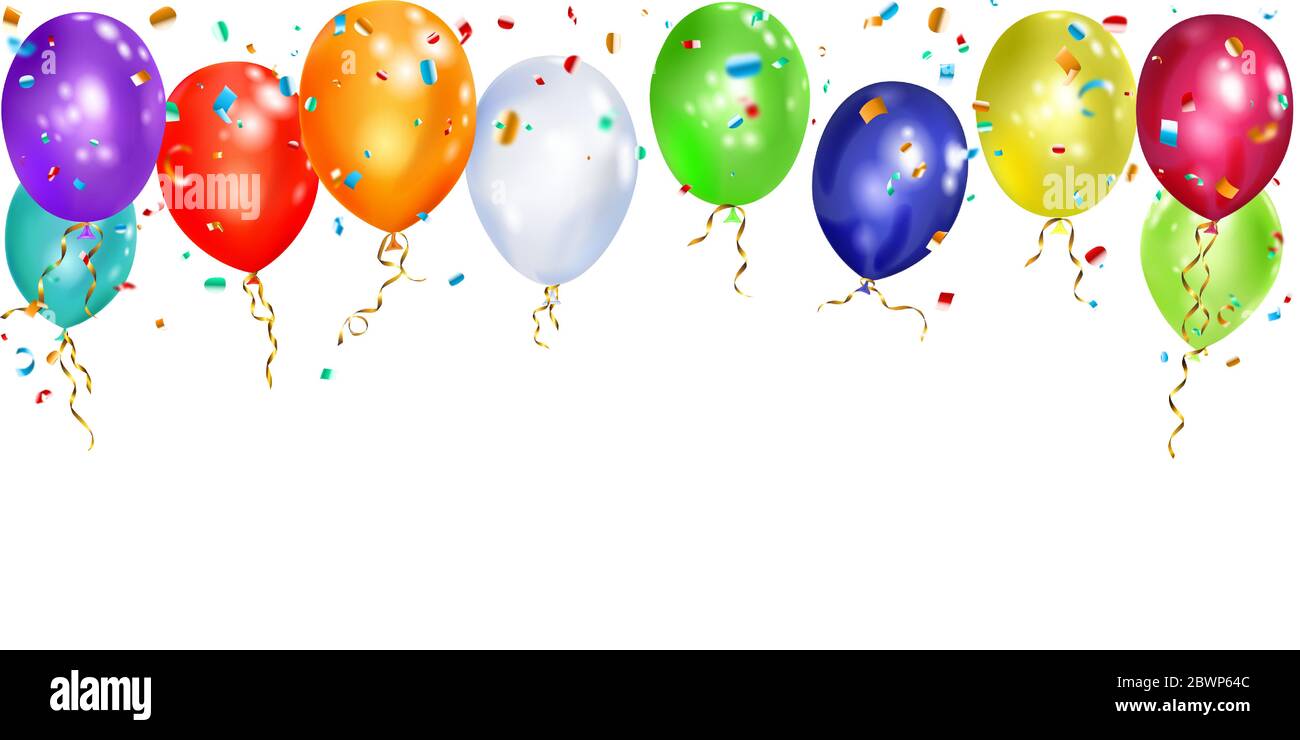 Illustration von bunten Luftballons mit Bändern und glänzenden Stücken von Serpentin auf weißem Hintergrund Stock Vektor