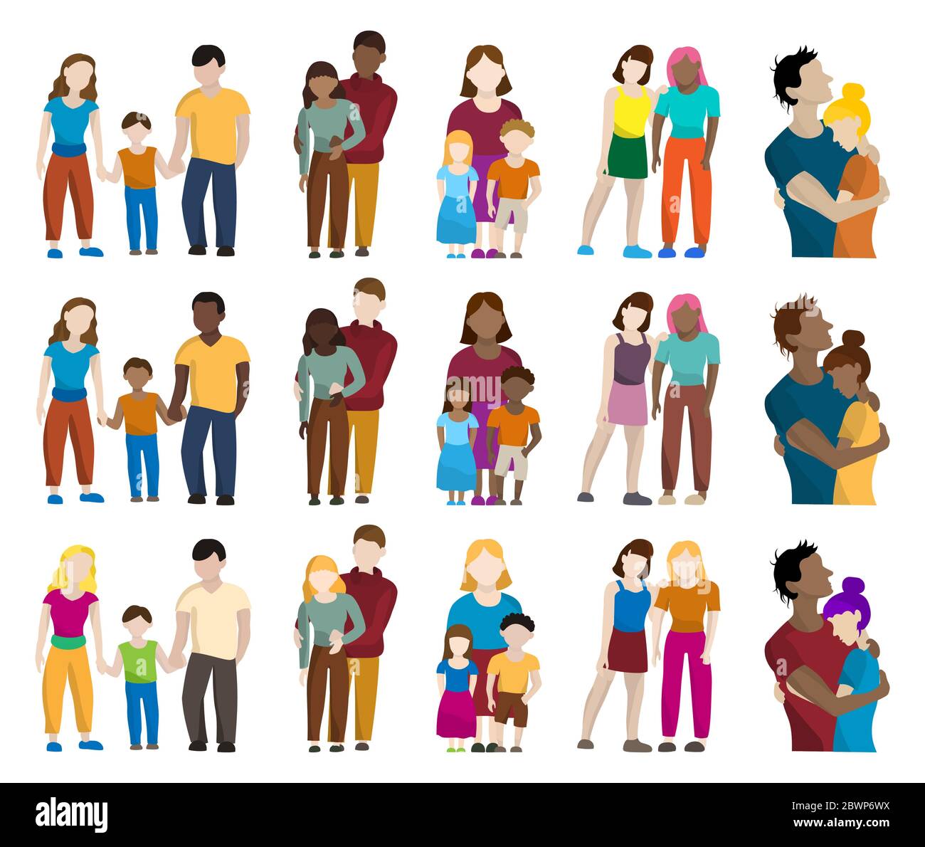 Set von farbigen Silhouetten von verschiedenen Menschen: Männer, Frauen, Kinder, Familien Stock Vektor