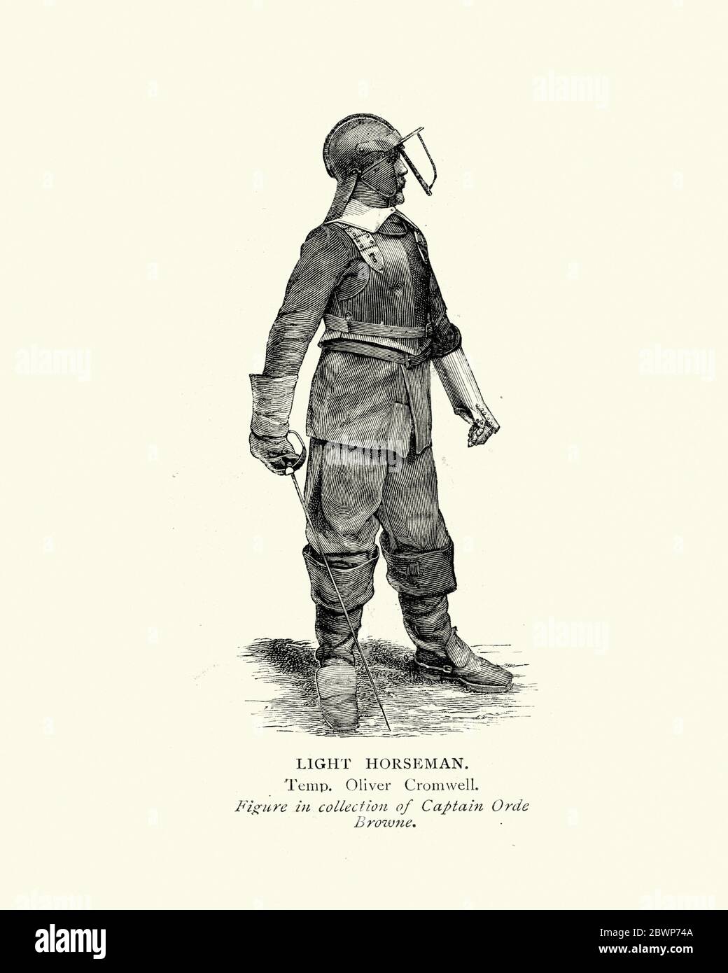 Leichte Reiter, englische Bürgerkrieg Ära Parlamentarische Kavallerie, militärische Uniform 17. Jahrhundert Stockfoto