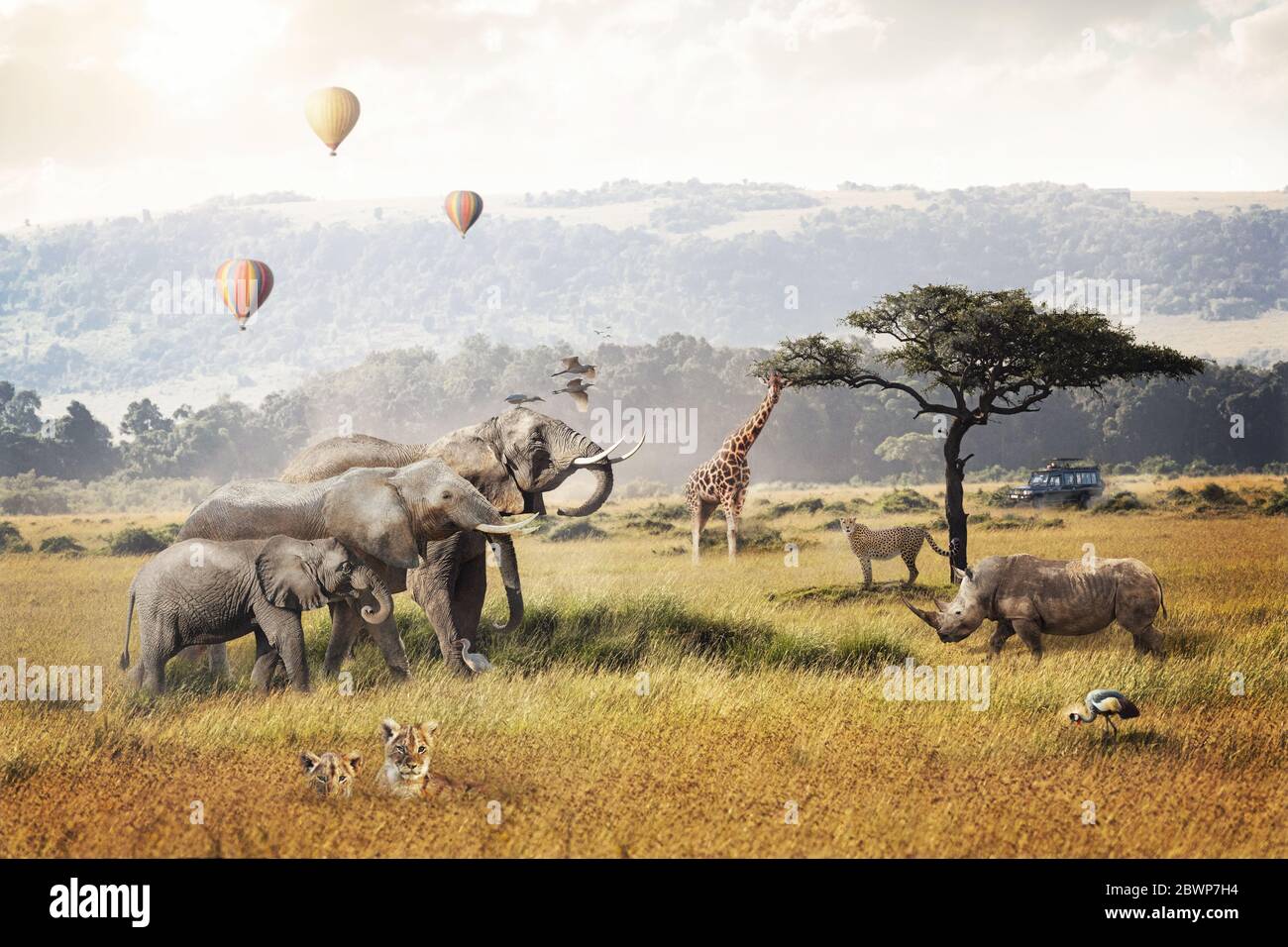Kenia Afrika Safari Traumreise Szene mit Wildtieren Tiere zusammen in einem Grasland Feld mit Heißluftballons und Wildfahrt Touristenfahrzeug. Stockfoto