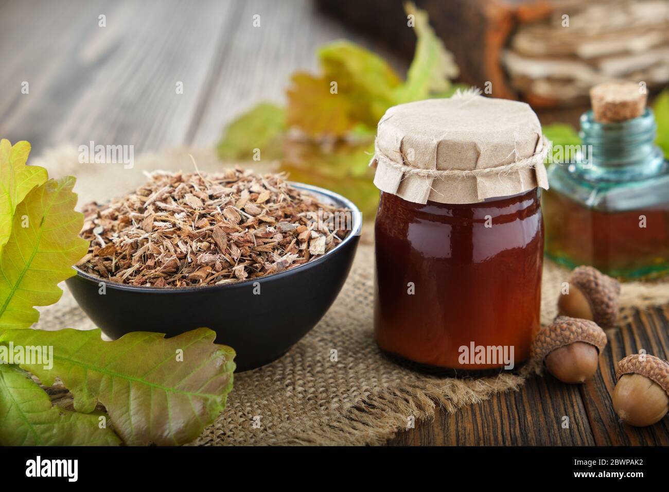 Gesunde Eichenrinde in schwarzer Keramikschale, Krug Kräutersalbe oder Balsam, Infusion oder Tinktur Flasche, altes Buch, grüne Eichenblätter und Eicheln auf dem Tisch Stockfoto