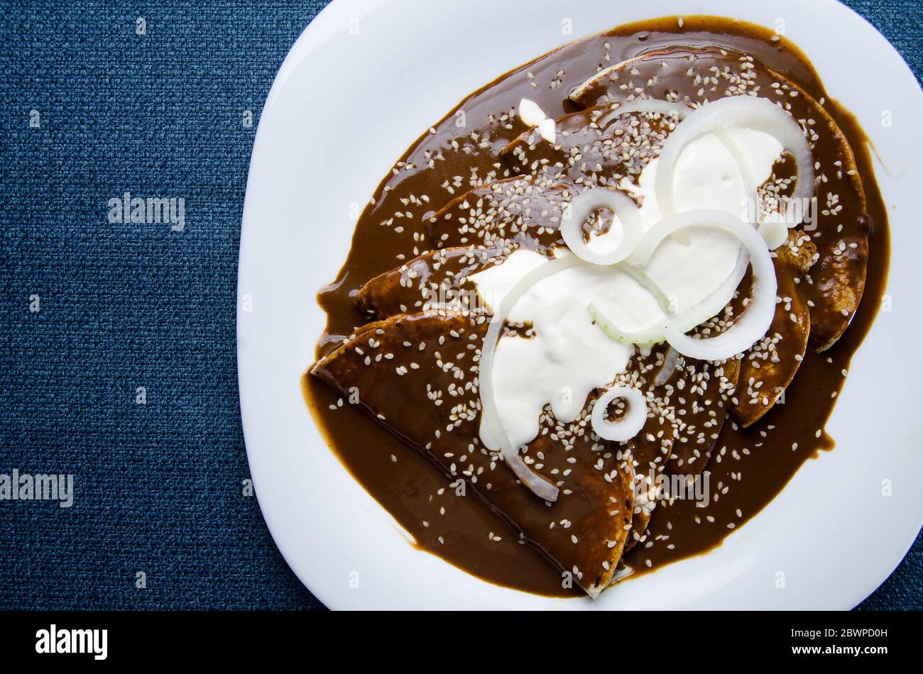 Traditionelle mexikanische Küche: Enchiladas mit Maulwurfsauce Stockfoto