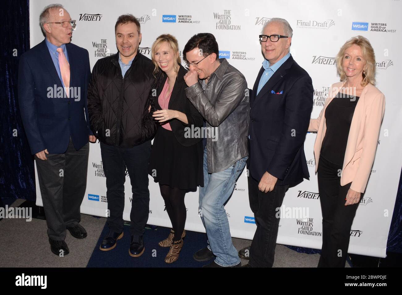 9. Februar 2017, Beverly Hills, Kalifornien, USA: Tim Gray, Theodore Melfi, Allison Schroeder, Eric Heisserer und Howard Rodman besuchen am 9. Februar 2017 den Empfang der Writers Guild's Beyond Words 2017 im Writers Guild Theatre in Beverly Hills, Kalifornien. (Bild: © Billy Bennight/ZUMA Wire) Stockfoto