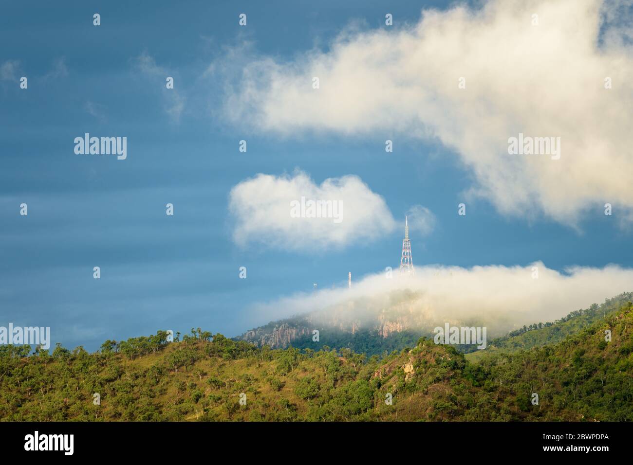 Mount Stuart mit Telekommunikationstürmen, die durch einen Gebäuderegen in Townsville, Queensland, Australien, poken. Stockfoto