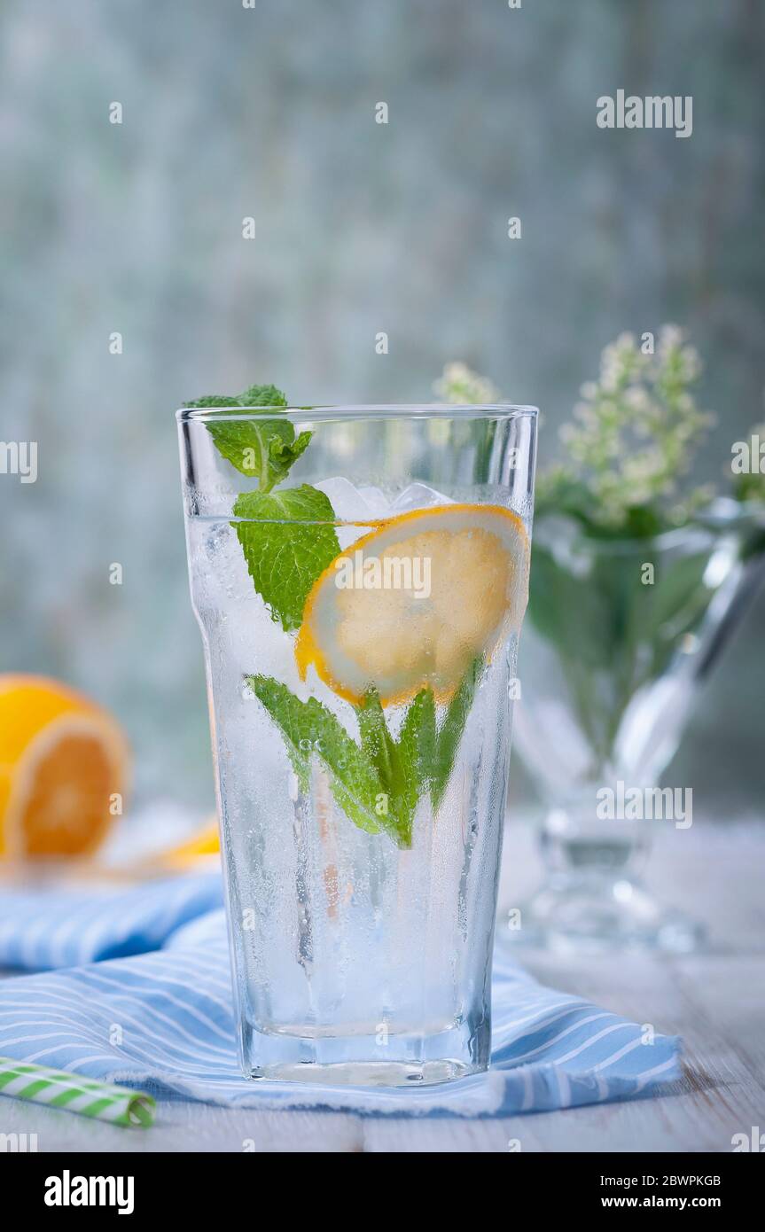 Kohlensäurehaltiges Getränk mit einer Scheibe Zitrone, Minzblättern und Eisstücken Stockfoto