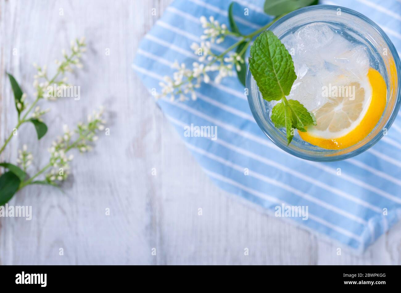 Kohlensäurehaltiges Getränk mit einer Scheibe Zitrone, Minzblättern und Eisstücken Stockfoto