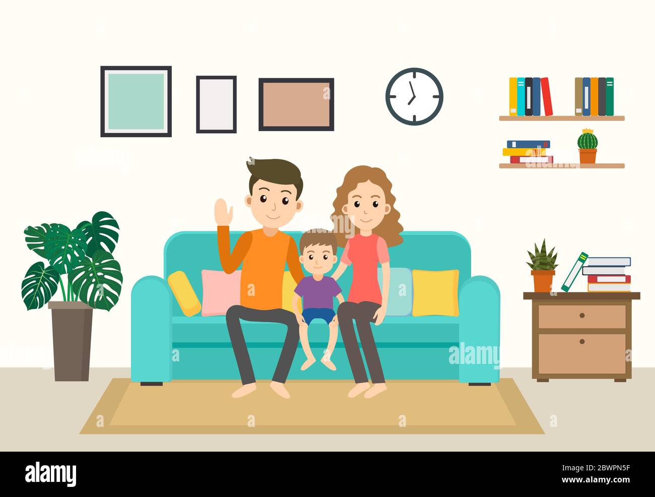 Cartoon glückliche Familie zu Hause bleiben auf dem Sofa im Wohnzimmer - Vektor-Illustration Stock Vektor