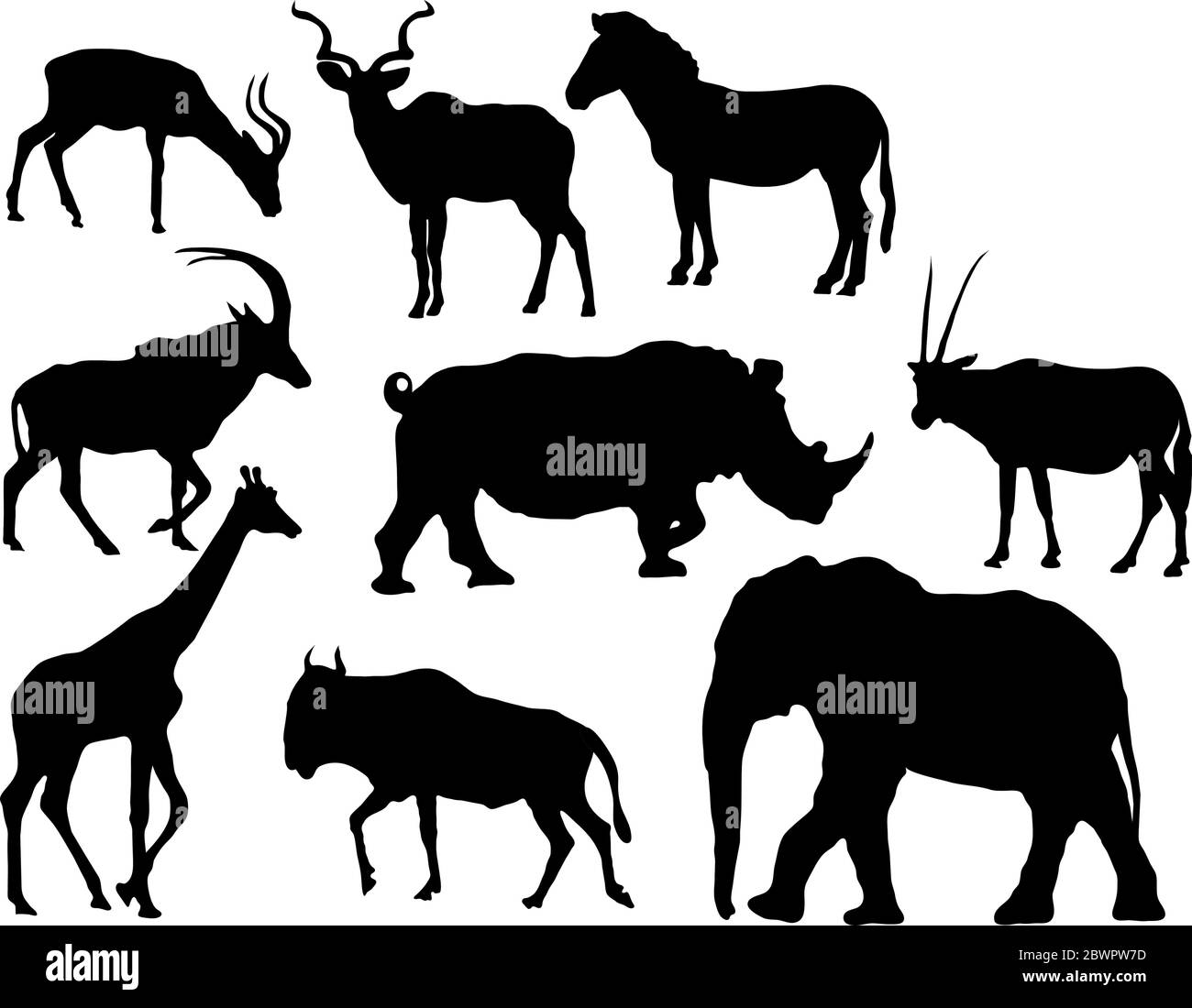 Afrikanische Tiersilhouetten (Pflanzenfresser, Elefant, Giraffe, verschiedene Antilopen, Nashorn und Zebra) Stock Vektor
