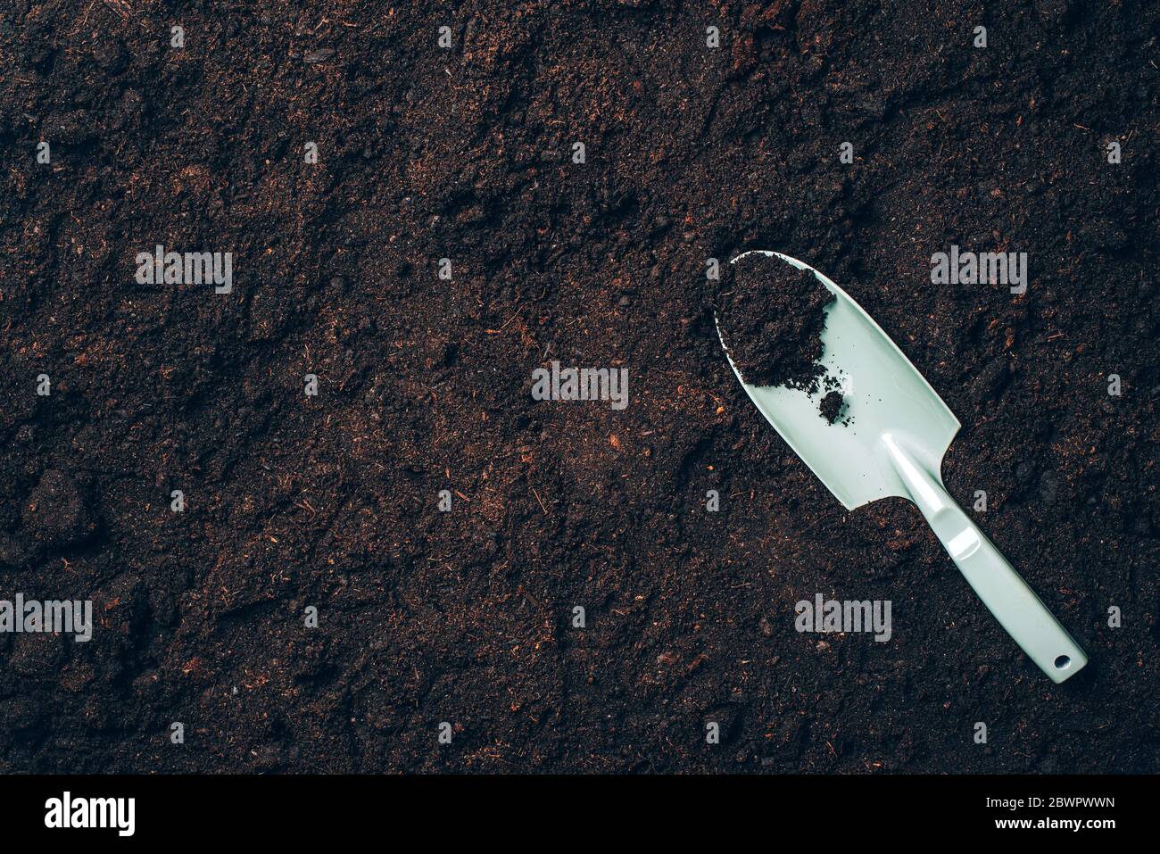 Kleine Schaufel mit händel über Bodengrund. Landwirtschaft, Bio-Garten, Pflanzung oder Ökologie Konzept. Stockfoto