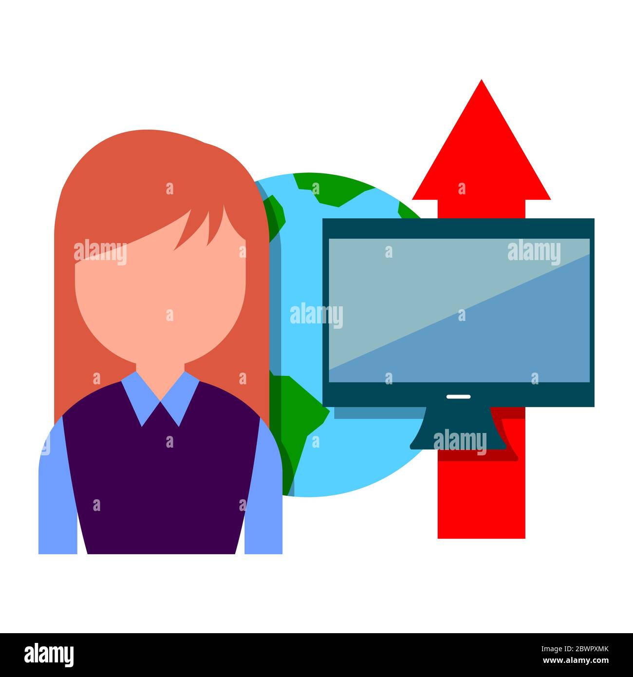 Geschäftsfrau mit Computermonitor, Planet Erde und rotem Pfeilzeichen Stockfoto
