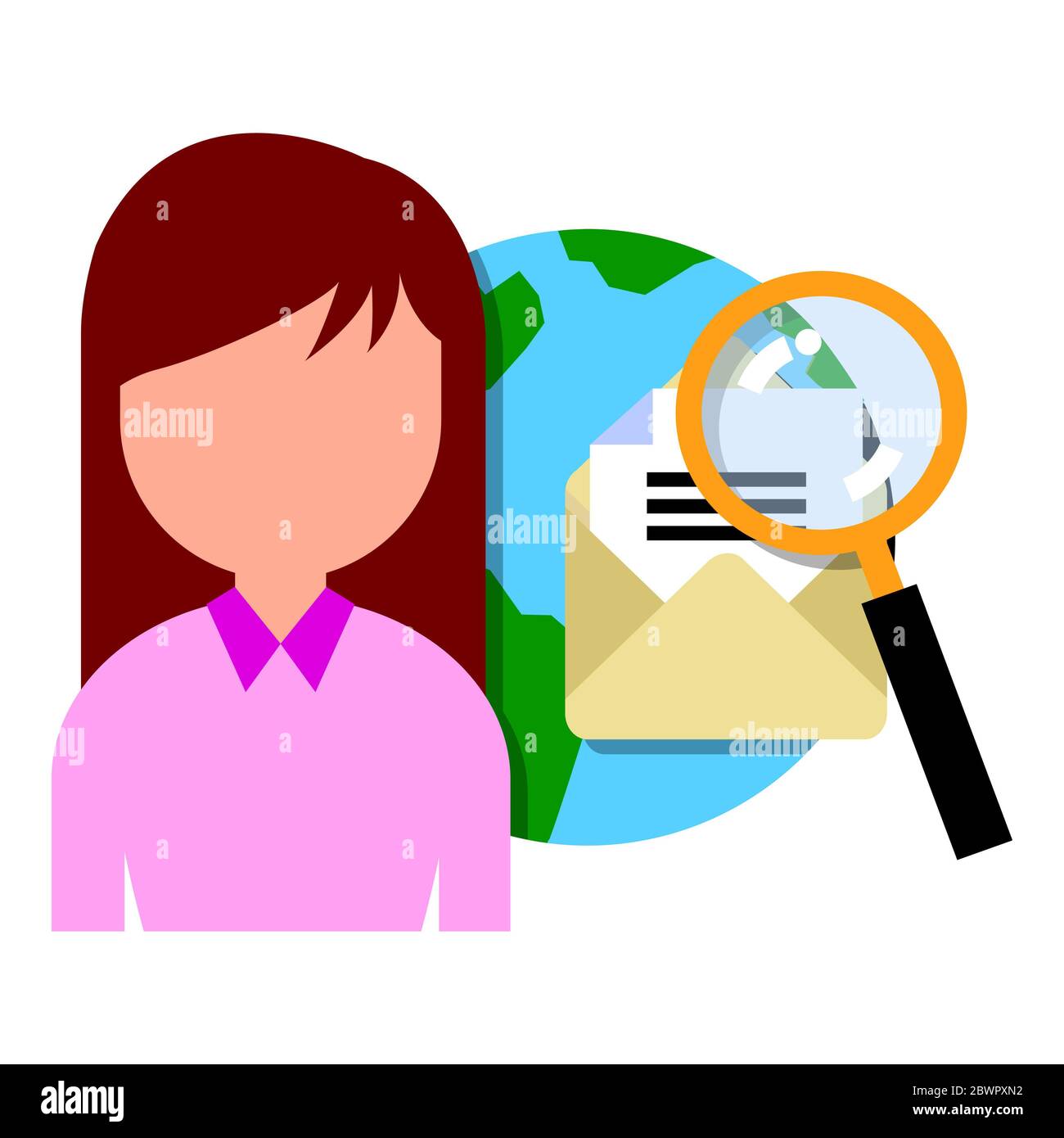 Frau mit Planet Erde und Umschlag mit Lupe Stockfoto